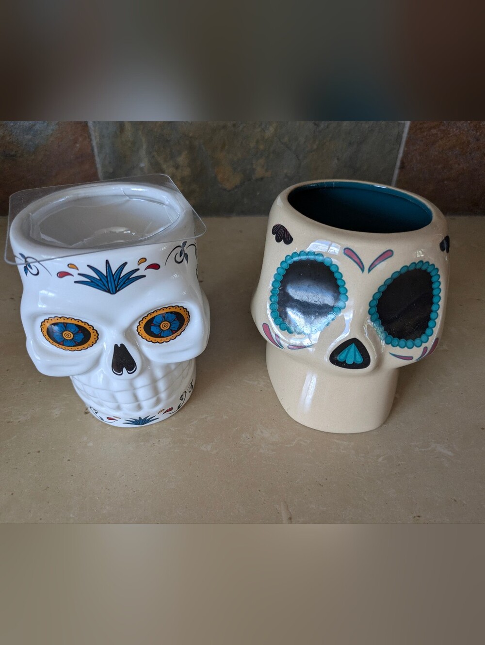 Day of the Dead Ceramic Skull Mug Pair - Turquoise & Orange Accents